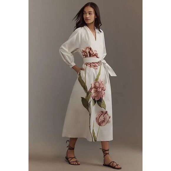 New Anthropologie Belted V-Neck Midi Dress sz Medium - Picture 1 of 10